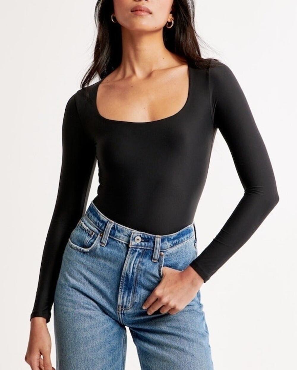Abercrombie & Fitch Square Neck Bodysuit Size S Black Long Sleeve Minimal Basic